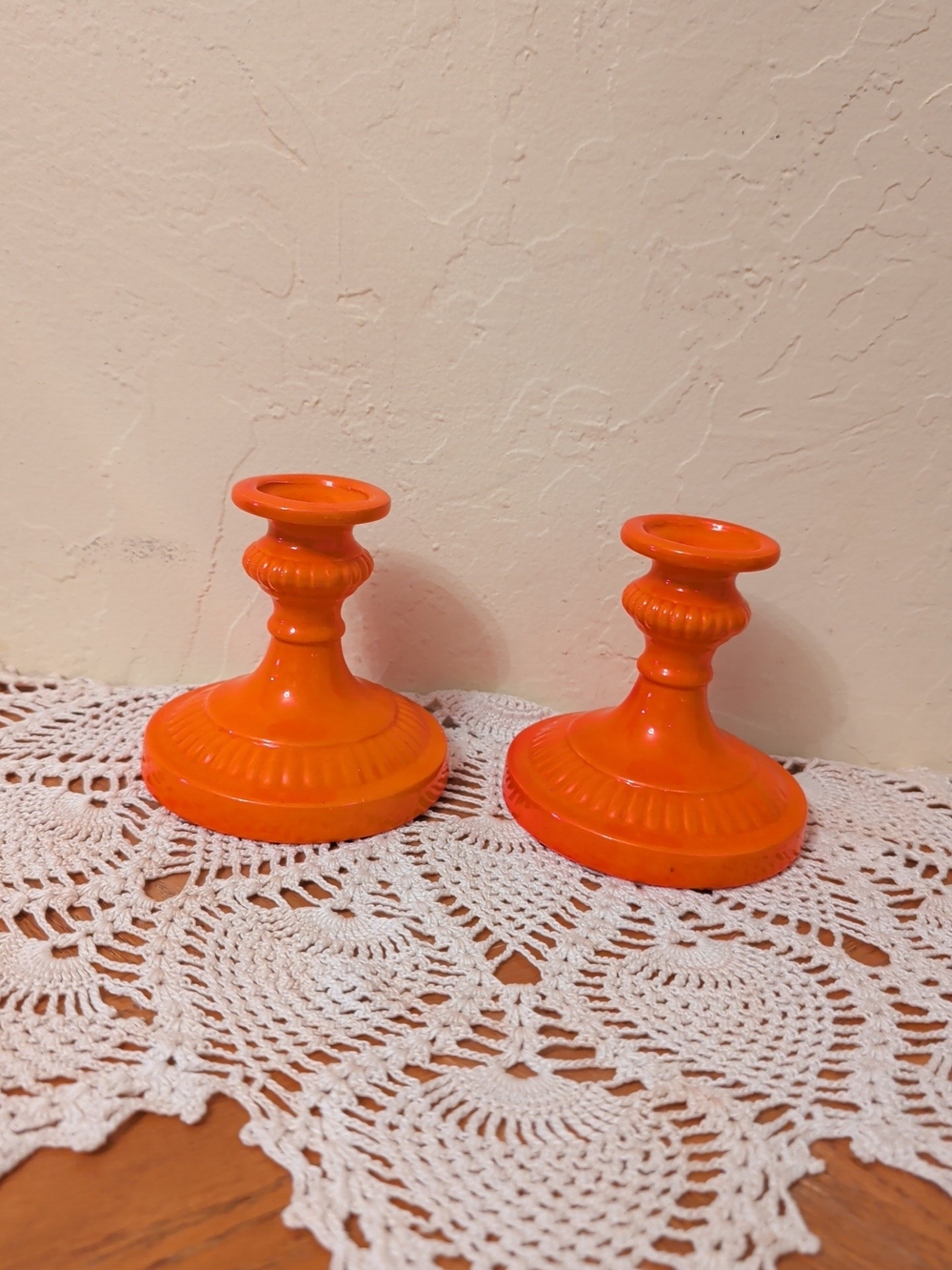 Vibrant Orange Ceramic Candlestick Pair
